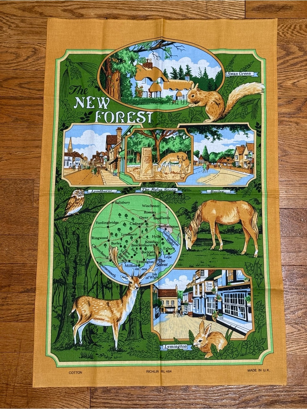 VTG New Forest Souvenir Tea Towel Richlin RL484 Cotton Map Made in UK (NWOT)